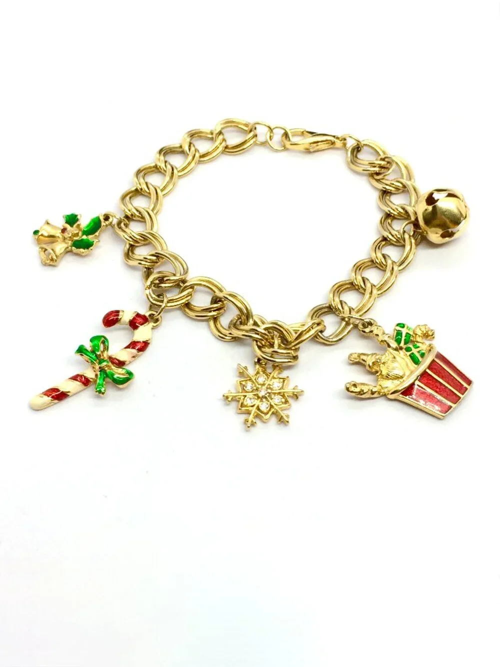 VINTAGE CHRISTMAS BRACELET Gold Tone Enamel Santa Candy Cane Bell Charms 90s